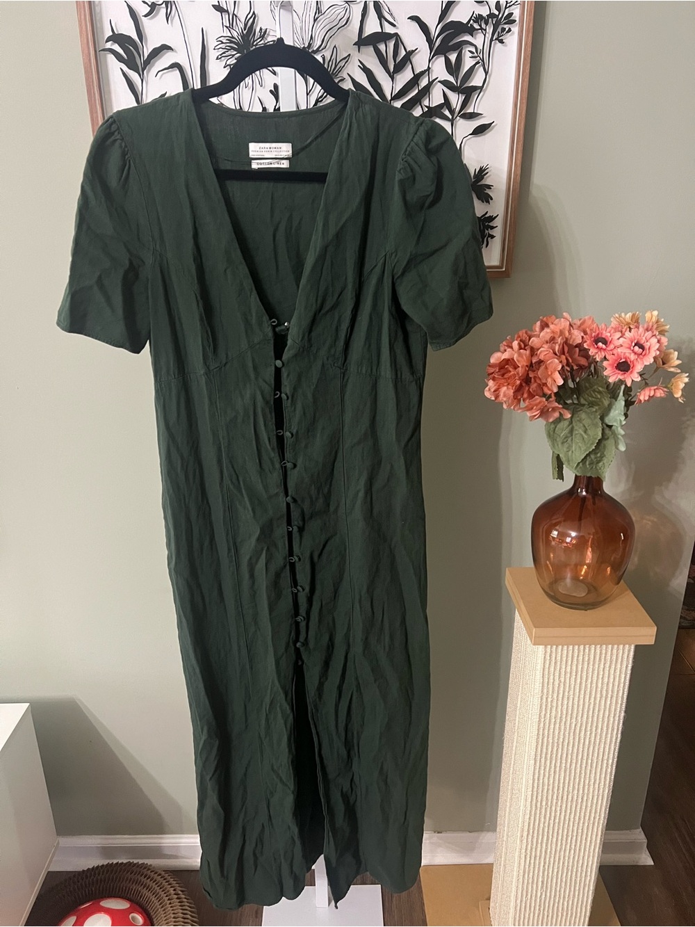 ZARA Green Button Premium Linen Cotton Maxi Dress Lightweight Flawed Size Small